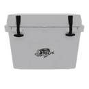 The Taiga Coolers 27 Quart White Cooler features two black front latches and a stylish fish graphic, making it a durable ice chest for any adventure.