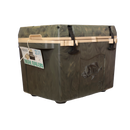The Taiga Coolers 27 Quart Woodland Camo Cooler by Taiga Coolers features green and tan camo, fish logo, black latches, and a beige handle, shown on a plain white background.
