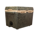 The Taiga Coolers 27 Quart Woodland Camo Cooler features beige handles and a black drainage spout, shown on a plain white background.