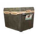 The Taiga Coolers 27 Quart Woodland Camo Cooler features sturdy handles, a green and tan camo design, and is perfect for outdoor adventures.