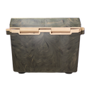 The Taiga Coolers 27 Quart Woodland Camo Cooler features a camouflage-patterned hard-sided body with a tan lid and latches, shown from the front on a white background.