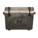 The Taiga Coolers 27 Quart Woodland Camo Cooler features black latches, a fish logo, tan trim, and TAIGA 24 on the front—a stylish and practical choice from Taiga Coolers.