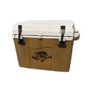 A tan and white Taiga Coolers 27 Quart Terra Western Tan Cooler with black latches, fish graphic on the front, and “27 made” in the lower front corner.