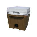 The Taiga Coolers 27 Quart Terra Western Tan Cooler is a square, brown and white insulated personal cooler with a front spout, shown on a white background.
