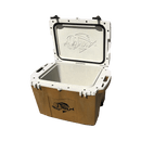 A Taiga Coolers 27 Quart Terra Western Tan Cooler by Taiga Coolers, tan and white with a fish design on the front and inside lid, shown open and empty against a plain white background.