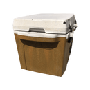 The Taiga Coolers 27 Quart Terra Western Tan Cooler features a white lid, brown base, handle, and side clasps for secure closure, shown against a plain white background.