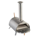 The WPPO Lil Luigi Portable Oven by WPPO LLC Direct is a stainless steel outdoor pizza oven with a tall chimney, wooden handles, and a flat stone interior, pictured on a white background.