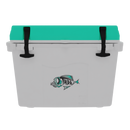The Taiga Coolers 27 Quart Sea Foam Cooler features a teal lid, black latches, and a fish graphic on the front—perfect for portable ice storage on any adventure.