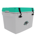 The Taiga Coolers 27 Quart Sea Foam Cooler features a teal lid, black latches, and a fish logo, providing portable ice storage against a plain white background.