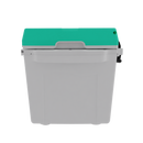 A gray rectangular plastic bin with a sea foam green lid and black handle, the Taiga Coolers 27 Quart Sea Foam Cooler is ideal for portable ice storage, shown against a plain white background.