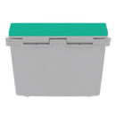 The Taiga Coolers 27 Quart Sea Foam Cooler, a gray plastic ice storage container with a bright green lid, is shown closed against a plain white background.