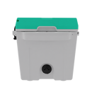 The Taiga Coolers 27 Quart Sea Foam Cooler features a gray plastic body, green lid, and black spout at the front—ideal for portable ice storage on the go.