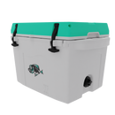 The Taiga Coolers 27 Quart Sea Foam Cooler features a teal lid, black latches, and a fish graphic for portable ice storage, displayed at an angle on a white background.