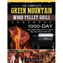 Hardcover copy of The Complete Green Mountain Wood Pellet Grill Cookbook: 1000-Day Easy BBQ Recipe for Your Green Mountain Wood Pellet Grill featuring images of a grill, flames, and various BBQ recipes.