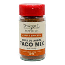A 3 oz (85g) jar of Powerful Pepper Company Powerful Pepper Taco Mix with a red lid features the “Spicy Spices” label, a 3/10 heat level, and delivers a bold Southwestern blend perfect for adding authentic heat and flavor to your tacos.