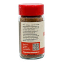 A jar of Powerful Pepper Company’s Powerful Pepper Ghost Chili BBQ Rub Seasoning Mix featuring a red lid and label that highlights its spicy barbecue origins, ghost chili powder among the ingredients, and suggested recipe ideas. The label also displays a QR code and the Powerful Pepper Company website link.
