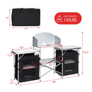 The DirectDeals Folding Camping Table with Storage Organizer features multiple shelves, side tables, storage cabinets, a windscreen, and supports up to 132 lbs. Includes labeled parts and a black carrying case.