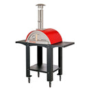 The WPPO Karma 25 Colored Wood-Fired Oven With Stand/Cart by WPPO LLC Direct features a vibrant red and silver stainless steel design that’s perfect for outdoor cooking. Equipped with a built-in thermometer, chimney, black cart with side shelves, and wheels for easy mobility, this oven seamlessly blends style and functionality—delivering the ultimate backyard pizza experience.