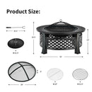 Diagram showing a round black DirectDeals Outdoor Fire Pit with BBQ Grill and High-temp Resistance Finish, mesh cover, and poker. Dimensions: pit 32x19.5, mesh 20x6, grill 19, bowl 21.5x5.5, bottom grid 12.5.