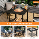 The 31 Inch Outdoor Fire Pit Dining Table with Cooking BBQ Grate by DirectDeals is shown on a patio, featuring multifunctional use as a dining table, BBQ grate, or ice bucket for drinks and food.