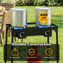 DirectDeals 2 Burner Propane Stove 160000 BTU with Adjustable Regulator: Double burner, two large pots on blue flames, 440 lbs max load, heavy-duty and heat-resistant. BBQ gear and green grass in background.