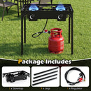 The DirectDeals 2 Burner Propane Stove 160000 BTU with Adjustable Regulator is shown on a patio, connected to a red propane tank. It includes four legs, stovetop, and hose with regulator for outdoor cooking.
