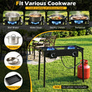 The DirectDeals 2 Burner Propane Stove 160000 BTU with Adjustable Regulator delivers powerful blue flames for backyard cooking. Compatible with most pots, pans, and trays. Gas cylinder not included.