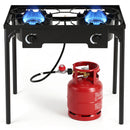 The DirectDeals 2 Burner Propane Stove 160000 BTU with Adjustable Regulator features blue flames, four sturdy legs, and a black hose to a red propane tank—your reliable outdoor cooking station.