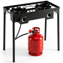 The DirectDeals 2 Burner Propane Stove 160000 BTU with Adjustable Regulator features two burners, control knobs, and a sturdy four-leg stand, connecting to a propane tank for powerful outdoor cooking.