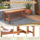 The 2-Person Outdoor Wood Bench with Slatted Seat - Set of 2 by DirectDeals on a patio, shown near plants and a door. Close-ups highlight its smooth slats, sturdy support bars, and thick curved legs. More Thoughtful Details.