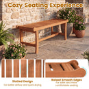 DirectDeals 2-Person Outdoor Wood Bench with Slatted Seat - Set of 2, shown on a stone patio with potted plants. Insets highlight airflow from slatted seat and smooth raised edges. Text reads Cozy Seating Experience.