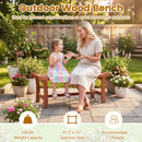 A woman and young girl smile on a 2-Person Outdoor Wood Bench with Slatted Seat - Set of 2 by DirectDeals in a sunny garden, surrounded by flowers; bench capacity, size, and seating details shown below.