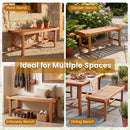 Four images display the DirectDeals 2-Person Outdoor Wood Bench with Slatted Seat - Set of 2 being used as a plant stand, garden bench, entryway bench, and dining bench—demonstrating versatile patio seating.