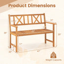 DirectDeals 2-Person Acacia Wood Garden Bench with X-Shaped Backrest seats two, is 47″ wide by 22″ deep, supports up to 800 lbs—ideal for outdoor use. See details for full dimensions.