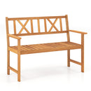 The DirectDeals 2-Person Acacia Wood Garden Bench with X-Shaped Backrest features armrests and a geometric back, shown against a plain white background.