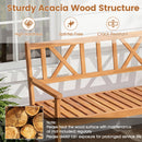 The DirectDeals 2-Person Acacia Wood Garden Bench with X-Shaped Backrest sits on a porch. Icons show splinter-free, crack-resistant acacia and seating for two; close-up wood logs and care notes are also featured.