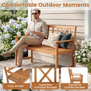 A man sits on a 2-Person Acacia Wood Garden Bench with X-Shaped Backrest by DirectDeals, holding a cup near blooming hydrangeas. Insets show the bench’s spacious seating and ergonomic design.