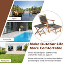 Collage of patio, poolside, and backyard with outdoor furniture. Features DirectDeals 3 Pieces Patio Rattan Folding Lounge Chair Set of 2 with Acacia Wood Table. Text: Make Outdoor Life More Comfortable. Includes assembly & size info.