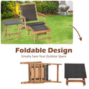 The DirectDeals 3 Pieces Patio Rattan Folding Lounge Chair Set of 2 with Acacia Wood Table features space-saving foldable chairs, shown upright and folded—ideal for outdoor relaxation and pairs perfectly with the included wood table.