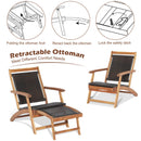 The 3 Pieces Patio Rattan Folding Lounge Chair Set of 2 with Acacia Wood Table by DirectDeals features woven seats, retractable ottomans, and folding chairs—perfect for outdoor relaxation with easy fold and lock functions.