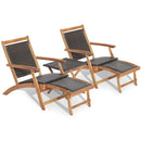 The DirectDeals 3 Pieces Patio Rattan Folding Lounge Chair Set of 2 with Acacia Wood Table features two rattan chairs with armrests and footrests, plus a matching wood table, all shown on a white background for outdoor relaxation.
