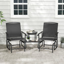The DirectDeals 2-Seater Outdoor Glider Bench with Center Table offers stylish patio seating on a stone patio, featuring a glass-top table for books, drinks, and plants in front of a white house with two windows.