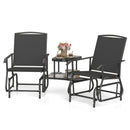 The DirectDeals 2-Seater Outdoor Glider Bench with Center Table features two black seats joined by a table—displayed with pink flowers, drinks, and books—ideal patio seating against a crisp white background.