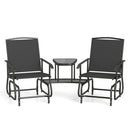 The DirectDeals 2-Seater Outdoor Glider Bench with Center Table features two black metal chairs with armrests and sling seats, connected by a center table with a triangular glass top for stylish patio seating.