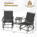 The DirectDeals 2-Seater Outdoor Glider Bench with Center Table includes two black patio seats and a center table, shown with measurements—ideal for stylish, comfortable outdoor seating.