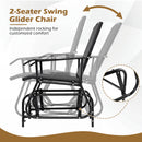 Illustration of the DirectDeals 2-Seater Outdoor Glider Bench with Center Table in black, showing its rocking motion and frame, plus text highlighting independent gliding for custom patio seating comfort.