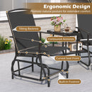 The DirectDeals 2-Seater Outdoor Glider Bench with Center Table features a tilting backrest, contoured armrests, curved seat front, built-in footrest, and a handy center table for drinks or plants—ideal patio seating.
