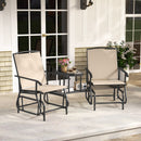 The DirectDeals 2-Seater Outdoor Glider Bench with Center Table offers stylish beige seating and a handy spot for flowers and drinks on a porch outside a white house with glass doors.