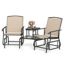 The DirectDeals 2-Seater Outdoor Glider Bench with Center Table features two beige glider chairs on black frames, a center table for flowers, drinks, books, and a lower shelf for extra storage.