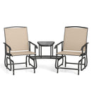 The DirectDeals 2-Seater Outdoor Glider Bench with Center Table features beige chairs and black metal frames, offering comfortable and stylish patio seating with a smooth gliding motion.
